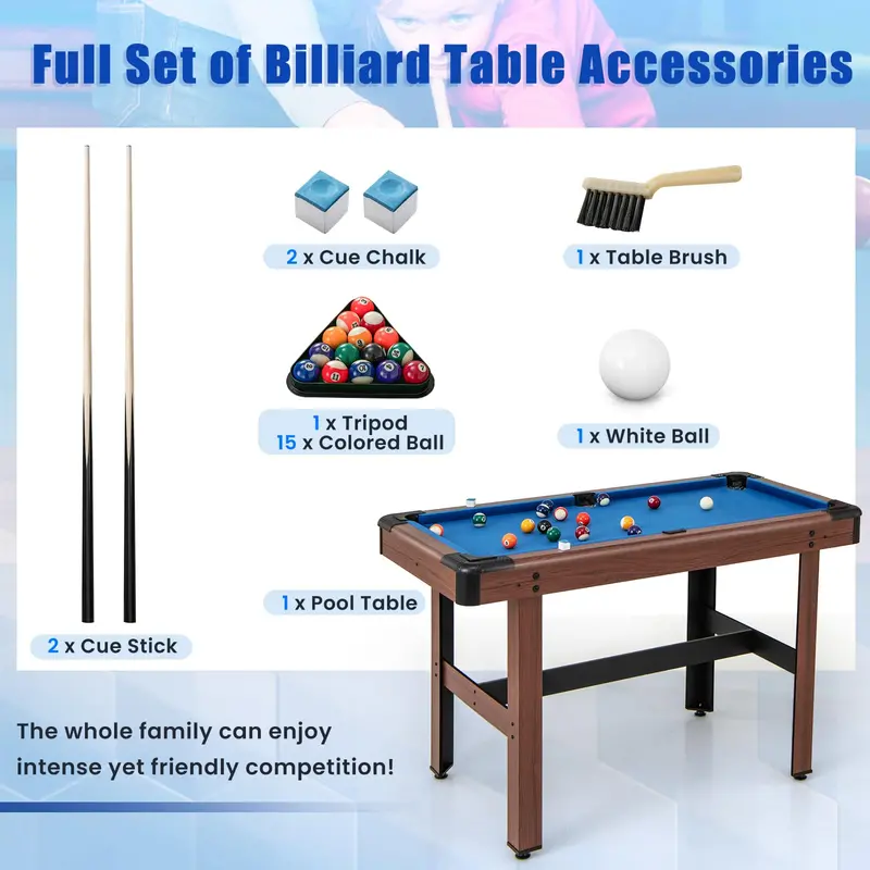 48-Inch Wooden Billiards Table – Complete Set with Cues, Balls, Chalk, Triangle Rack & Brush 2