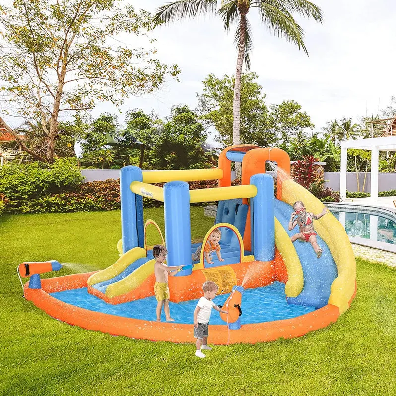 5-in-1 Inflatable Water Play Center for Kids – Includes Bounce House, Slide, Climbing Wall, Twin Water Cannons, and Splash Pool with 450W Heavy-Duty Blower