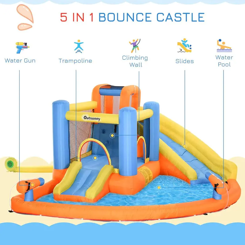 5-in-1 Inflatable Water Play Center for Kids – Includes Bounce House, Slide, Climbing Wall, Twin Water Cannons, and Splash Pool with 450W Heavy-Duty Blower