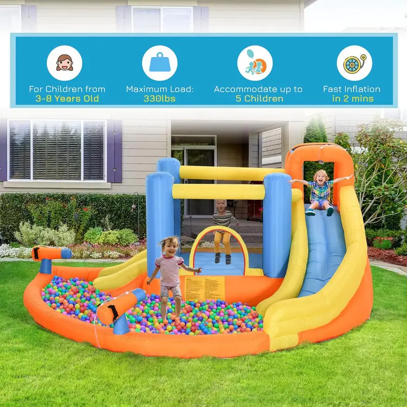 5-in-1 Inflatable Water Play Center for Kids – Includes Bounce House, Slide, Climbing Wall, Twin Water Cannons, and Splash Pool with 450W Heavy-Duty Blower
