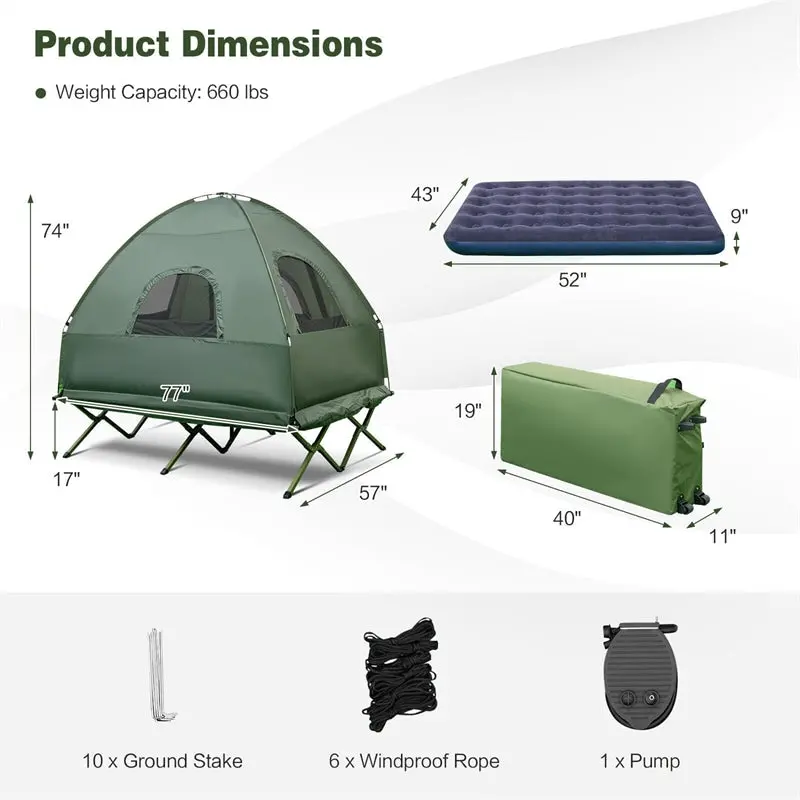 5-in-1 Portable Camping System: 2-Person Tent, Air Mattress, Sleeping Bag, Sunshade & Carry Bag