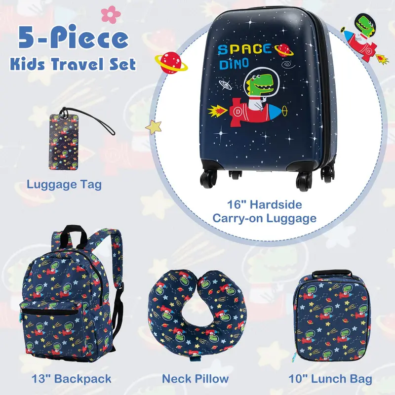 5-Piece Kids’ Travel Kit: Carry-On Luggage, Backpack, Insulated Lunch Bag, Memory Foam Neck Pillow & Accessories 2