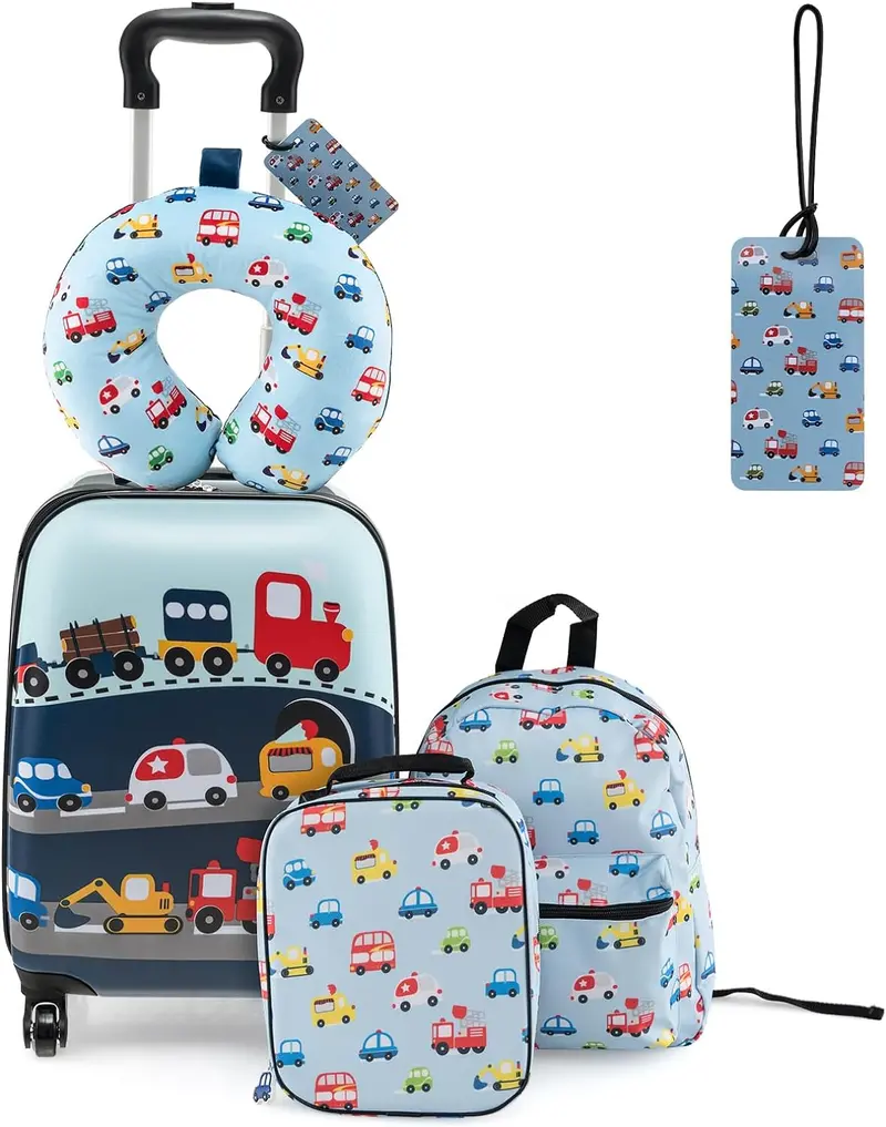 5-Piece Kids’ Travel Kit: Carry-On Luggage, Backpack, Insulated Lunch Bag, Memory Foam Neck Pillow & Accessories