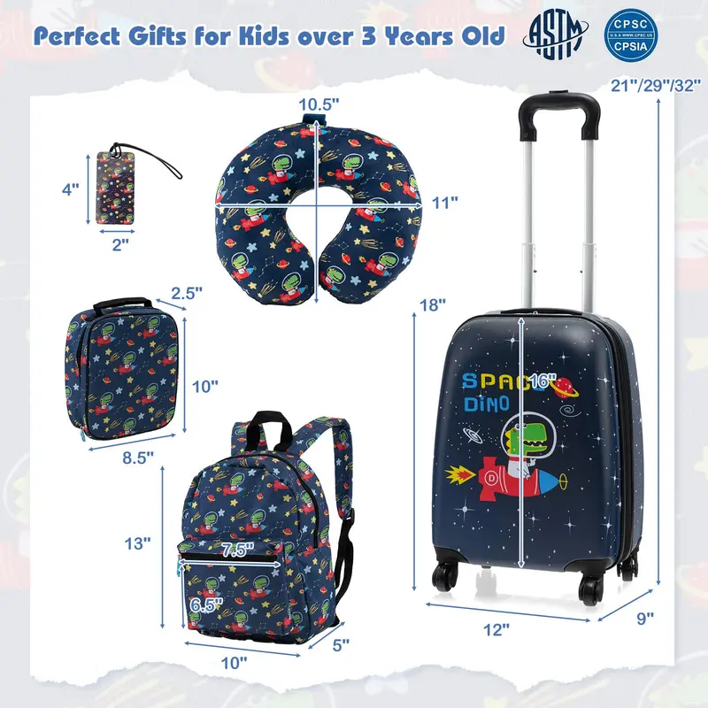5-Piece Kids’ Travel Kit: Carry-On Luggage, Backpack, Insulated Lunch Bag, Memory Foam Neck Pillow & Accessories