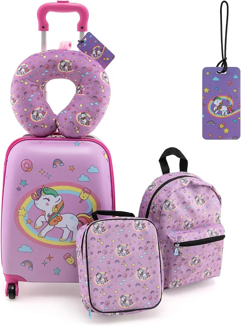 5-Piece Kids’ Travel Kit: Carry-On Luggage, Backpack, Insulated Lunch Bag, Memory Foam Neck Pillow & Accessories