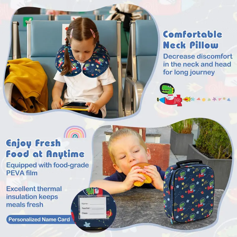 5-Piece Kids’ Travel Kit: Carry-On Luggage, Backpack, Insulated Lunch Bag, Memory Foam Neck Pillow & Accessories