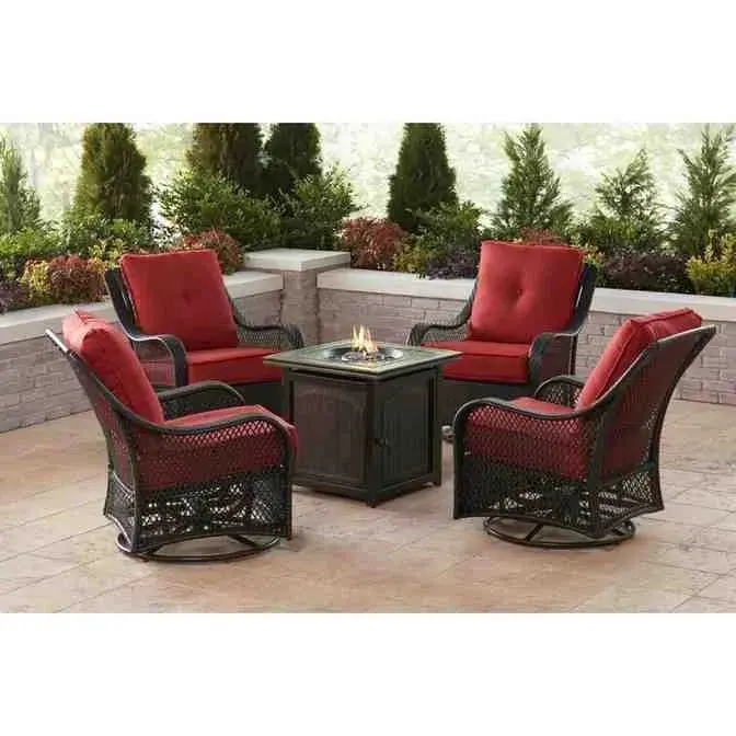 5-Piece Steel Fire Pit Patio Set – Square Table with Swivel Glider Chairs & Navy Blue All-Weather Cushions
