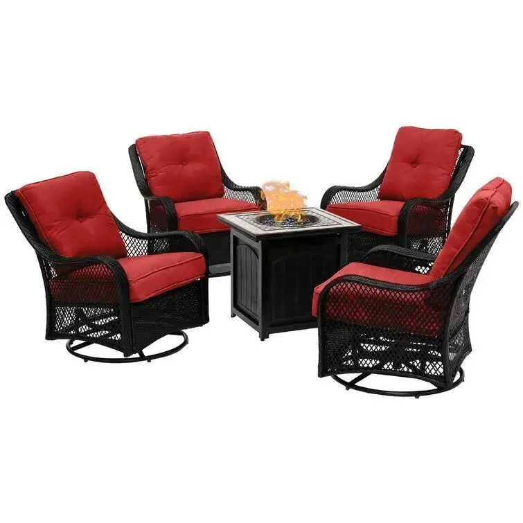 5-Piece Steel Fire Pit Patio Set – Square Table with Swivel Glider Chairs & Navy Blue All-Weather Cushions