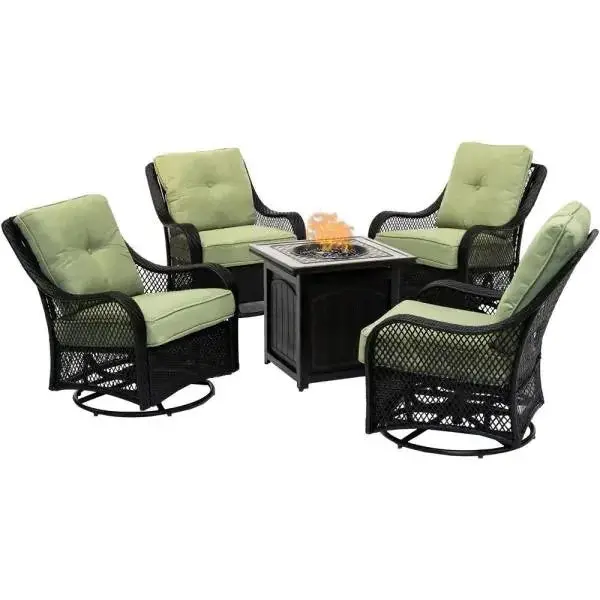 5-Piece Steel Fire Pit Patio Set – Square Table with Swivel Glider Chairs & Navy Blue All-Weather Cushions