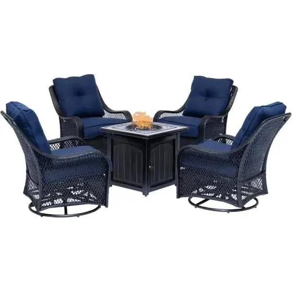 5-Piece Steel Fire Pit Patio Set – Square Table with Swivel Glider Chairs & Navy Blue All-Weather Cushions