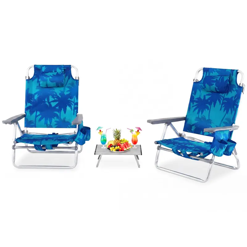 5-Position Folding Beach Chair – Ergonomic Adult Lounge Seat with Headrest Pillow and Built-in Cooler Bag