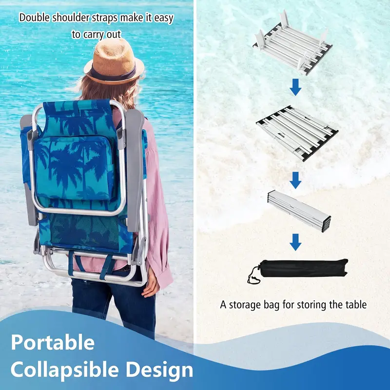 5-Position Folding Beach Chair – Ergonomic Adult Lounge Seat with Headrest Pillow and Built-in Cooler Bag