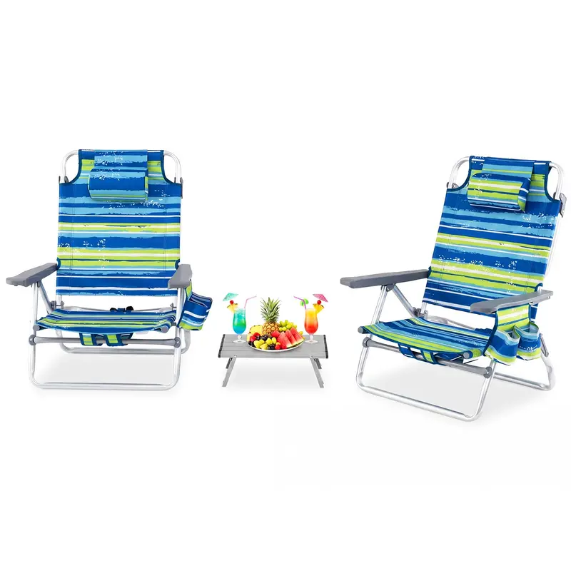 5-Position Folding Beach Chair – Ergonomic Adult Lounge Seat with Headrest Pillow and Built-in Cooler Bag