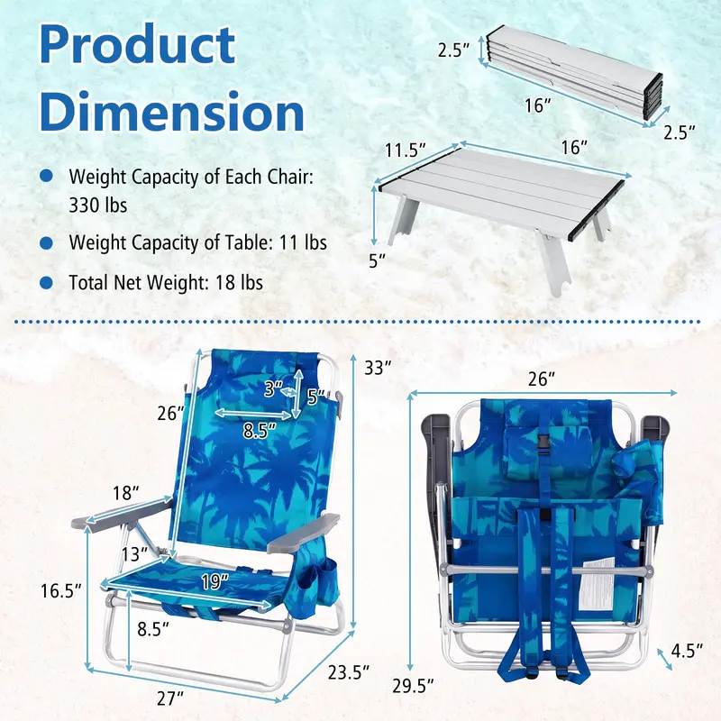 5-Position Folding Beach Chair – Ergonomic Adult Lounge Seat with Headrest Pillow and Built-in Cooler Bag