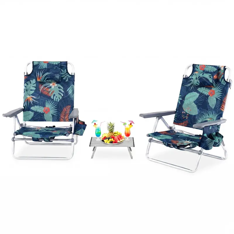 5-Position Folding Beach Chair – Ergonomic Adult Lounge Seat with Headrest Pillow and Built-in Cooler Bag