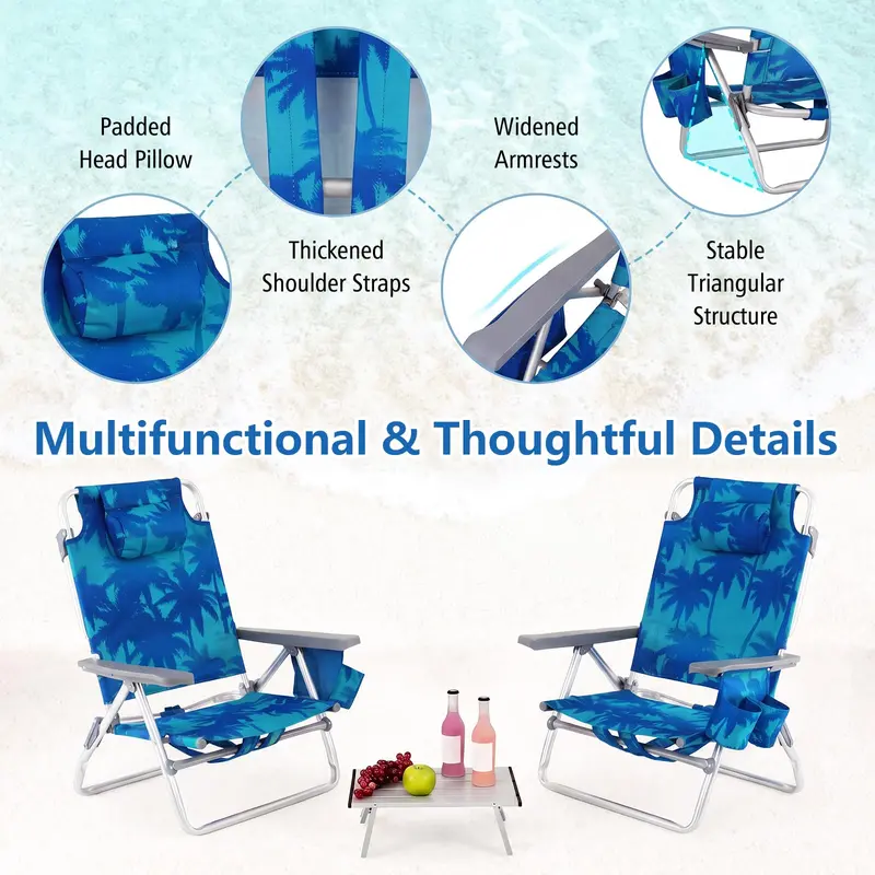 5-Position Folding Beach Chair – Ergonomic Adult Lounge Seat with Headrest Pillow and Built-in Cooler Bag