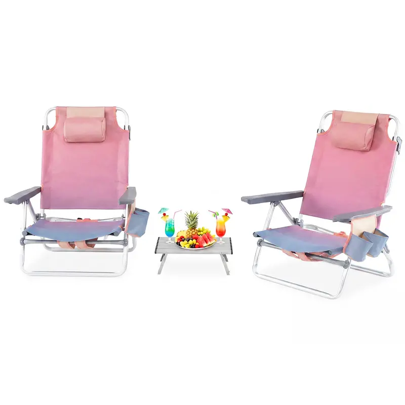 5-Position Folding Beach Chair – Ergonomic Adult Lounge Seat with Headrest Pillow and Built-in Cooler Bag