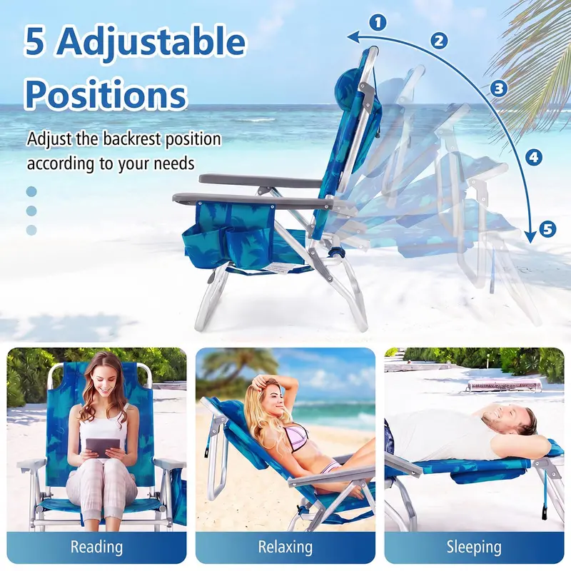 5-Position Folding Beach Chair – Ergonomic Adult Lounge Seat with Headrest Pillow and Built-in Cooler Bag