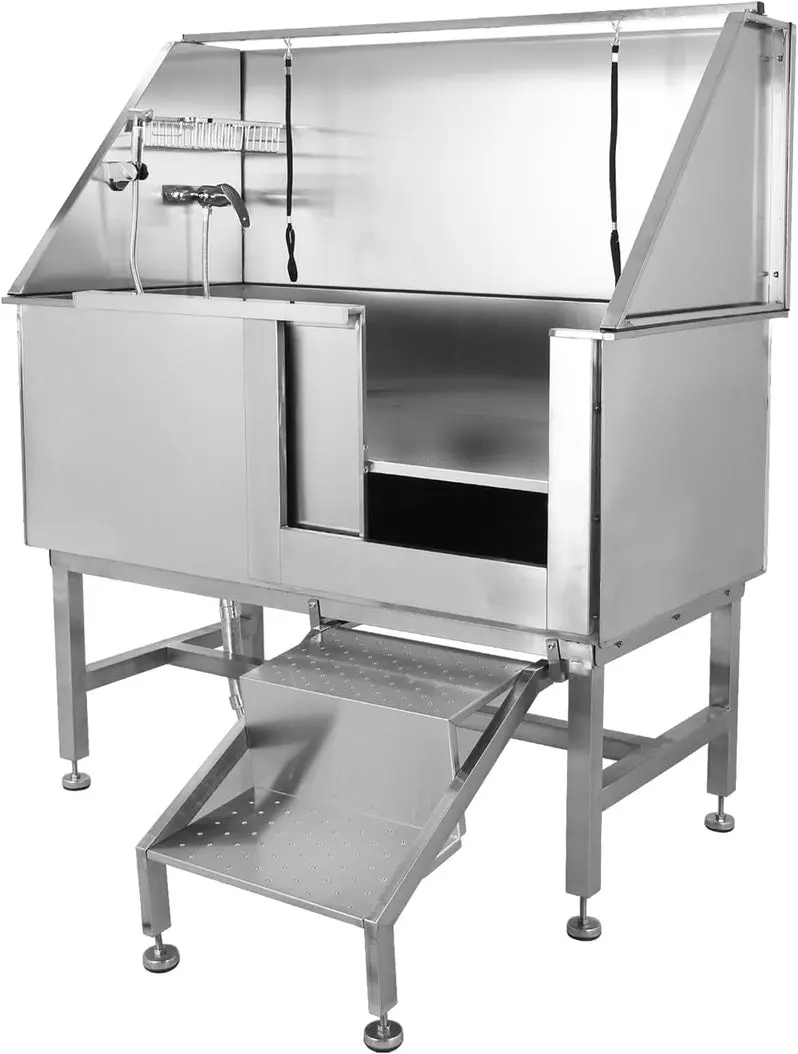 50-Inch Stainless Steel Professional Dog Grooming Tub | Includes Ramp, Adjustable Faucet, Handheld Sprayer, Drain Kit, and Right-Swing Door