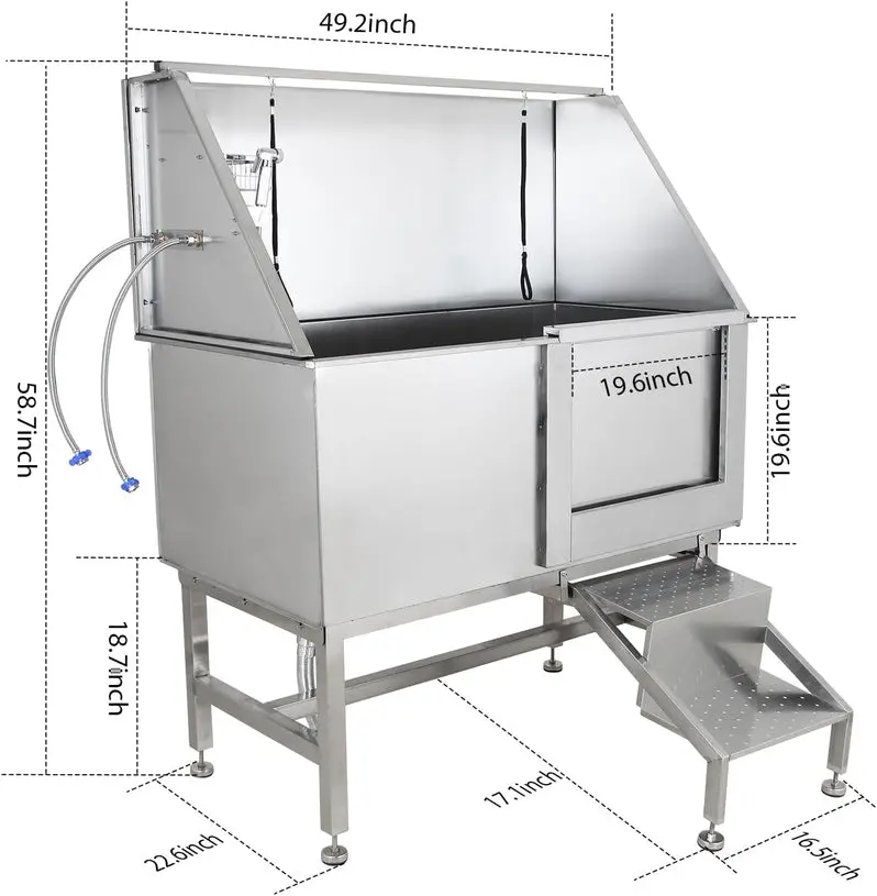 50-Inch Stainless Steel Professional Dog Grooming Tub | Includes Ramp, Adjustable Faucet, Handheld Sprayer, Drain Kit, and Right-Swing Door