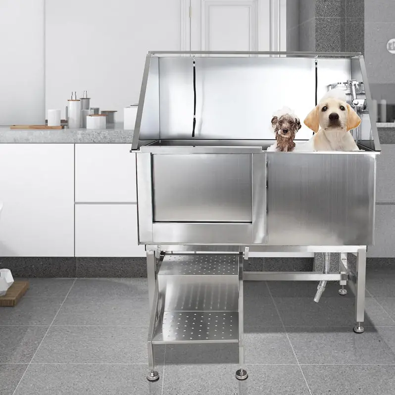 50-Inch Stainless Steel Professional Dog Grooming Tub | Includes Ramp, Adjustable Faucet, Handheld Sprayer, Drain Kit, and Right-Swing Door