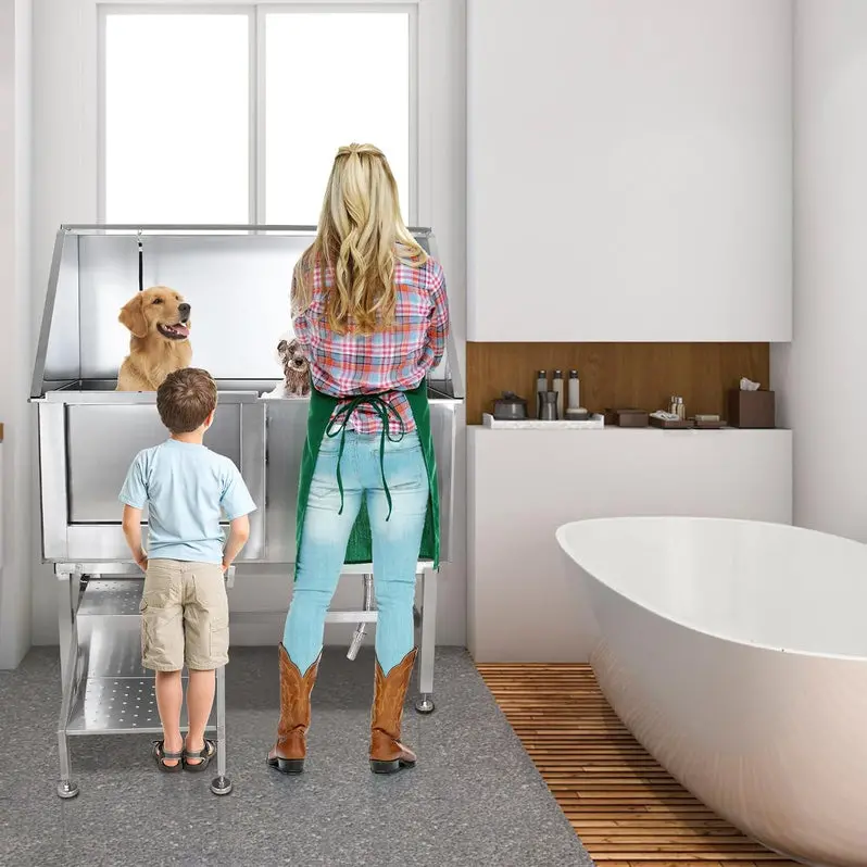 50-Inch Stainless Steel Professional Dog Grooming Tub | Includes Ramp, Adjustable Faucet, Handheld Sprayer, Drain Kit, and Right-Swing Door