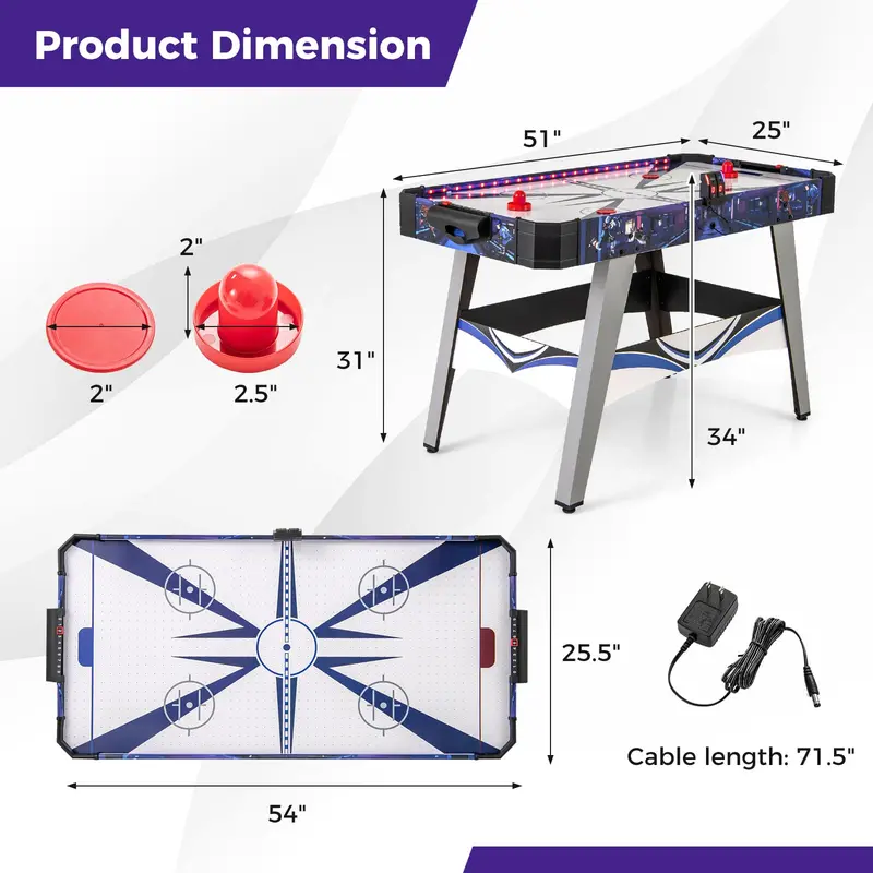 54-Inch LED Air Hockey Table – Includes Scoreboard, Dual Lighting, Pucks, and Pushers