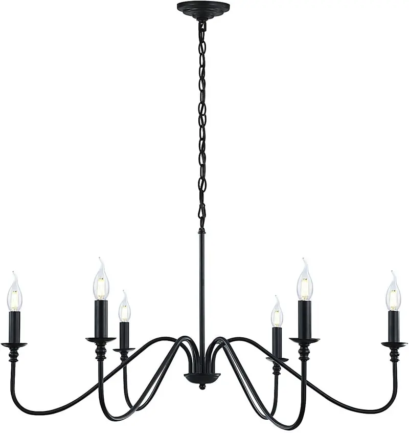 6-Arm Matte Black Industrial Candelabra Chandelier – Vintage-Inspired Fixture with Candle-Like Arms