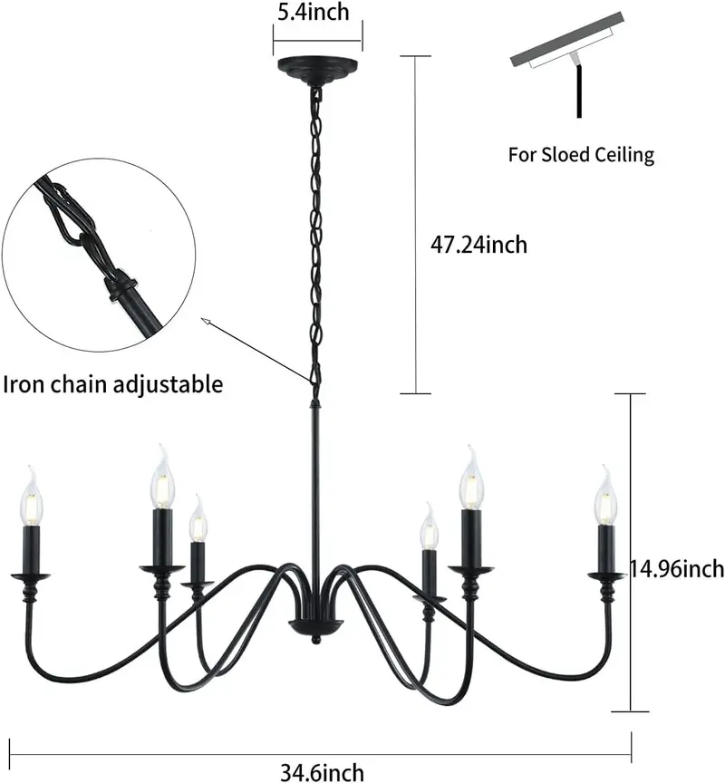6-Arm Matte Black Industrial Candelabra Chandelier – Vintage-Inspired Fixture with Candle-Like Arms 2
