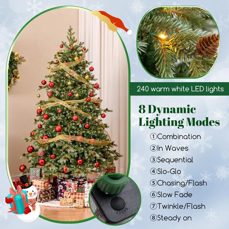 6-Foot Hinged Full-Profile Artificial Christmas Tree – Pine-Style Design with 240 Warm White LEDs