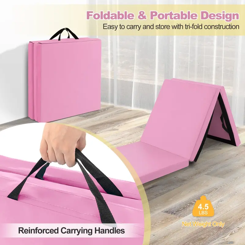 6' × 2' Tri-Fold Exercise Mat – 2-Inch Firm Foam Tumbling Surface with Seamless Integrated Handles