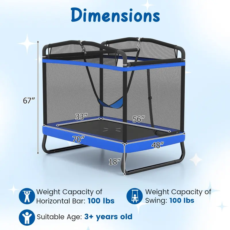 6 x 4 Foot Compact Rectangular Kids' Trampoline with Integrated Swing