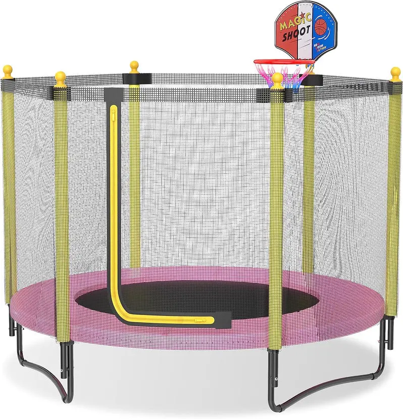 60-Inch Enclosed Backyard Trampoline – Safety Net, Basketball Hoop, and Toddler-Friendly Design