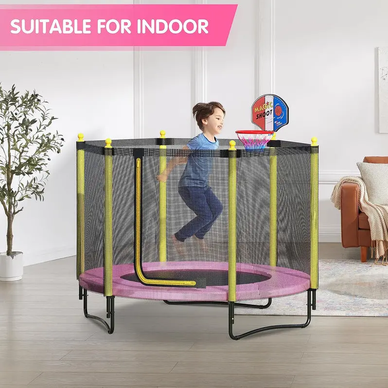 60-Inch Enclosed Backyard Trampoline – Safety Net, Basketball Hoop, and Toddler-Friendly Design