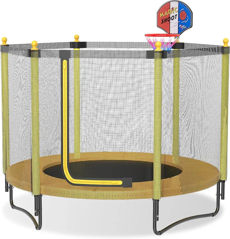 60-Inch Enclosed Backyard Trampoline – Safety Net, Basketball Hoop, and Toddler-Friendly Design