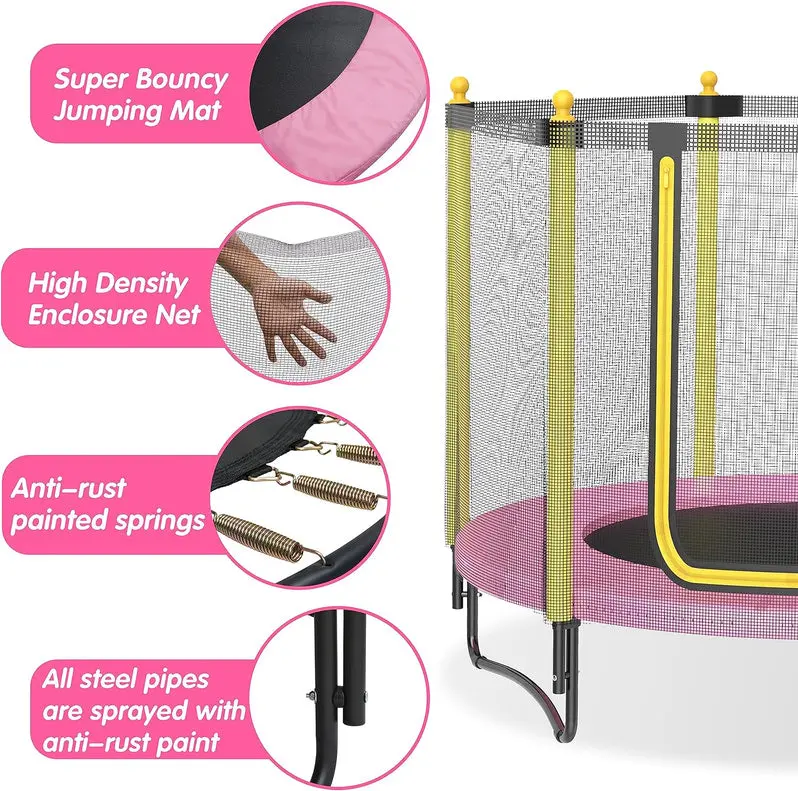 60-Inch Enclosed Backyard Trampoline – Safety Net, Basketball Hoop, and Toddler-Friendly Design