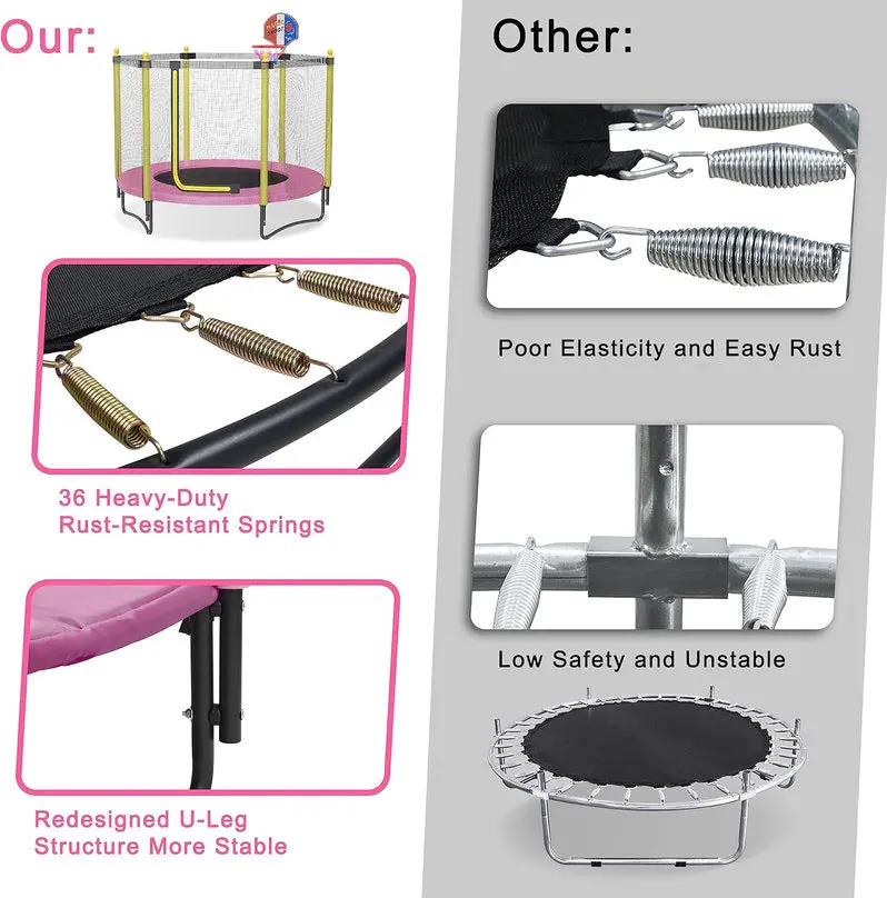 60-Inch Enclosed Backyard Trampoline – Safety Net, Basketball Hoop, and Toddler-Friendly Design