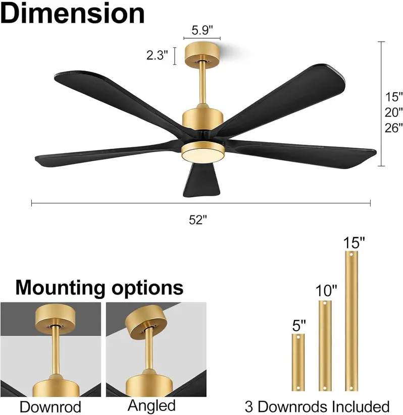60-Inch Modern DC Ceiling Fan with Integrated LED Light – Reversible 6-Speed Motor, Remote Control, and Dark Brown Wooden Blades