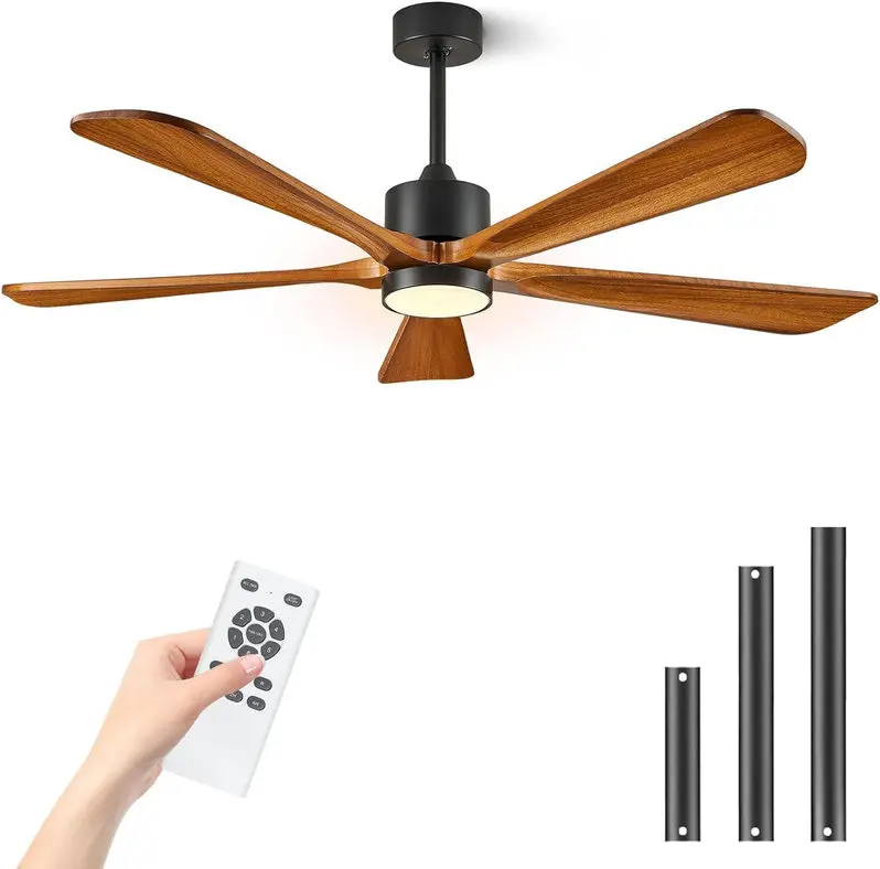 60-Inch Modern DC Ceiling Fan with Integrated LED Light – Reversible 6-Speed Motor, Remote Control, and Dark Brown Wooden Blades