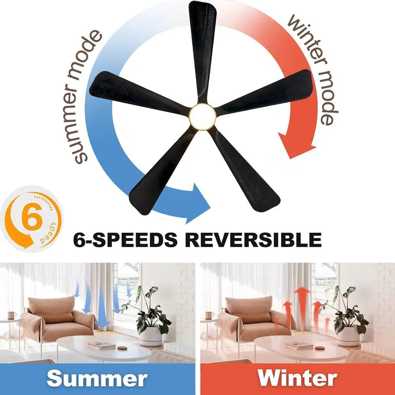 60-Inch Modern DC Ceiling Fan with Integrated LED Light – Reversible 6-Speed Motor, Remote Control, and Dark Brown Wooden Blades