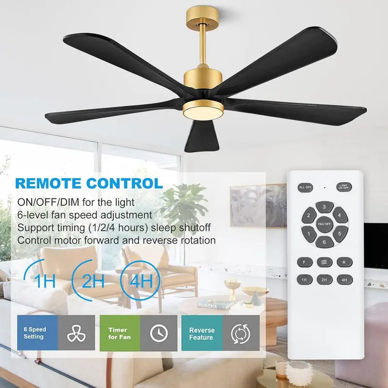 60-Inch Modern DC Ceiling Fan with Integrated LED Light – Reversible 6-Speed Motor, Remote Control, and Dark Brown Wooden Blades