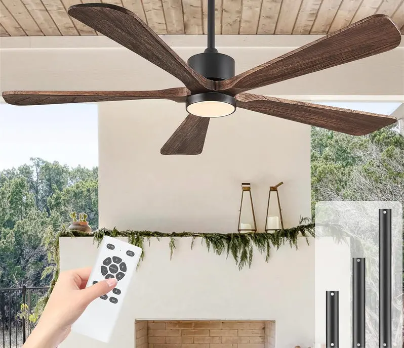 60-Inch Modern DC Ceiling Fan with Integrated LED Light – Reversible 6-Speed Motor, Remote Control, and Dark Brown Wooden Blades