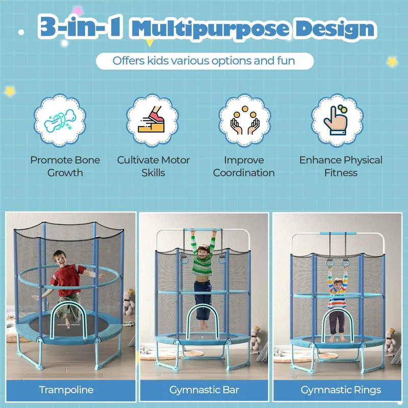 60-Inch Toddler-Safe Trampoline with Adjustable 3-in-1 Play Configuration