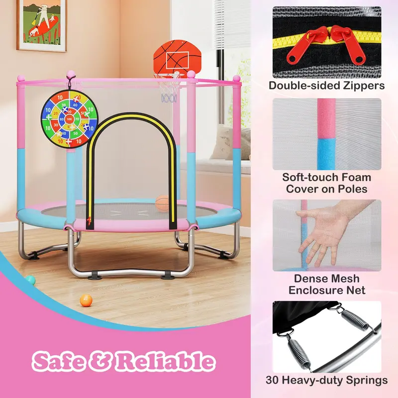 60-Inch Toddler-Safe Trampoline with Basketball Hoop for Ages 3–6