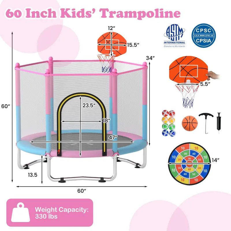 60-Inch Toddler-Safe Trampoline with Basketball Hoop for Ages 3–6