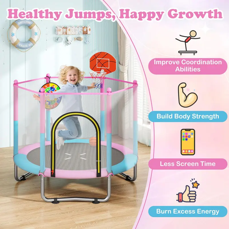 60-Inch Toddler-Safe Trampoline with Basketball Hoop for Ages 3–6