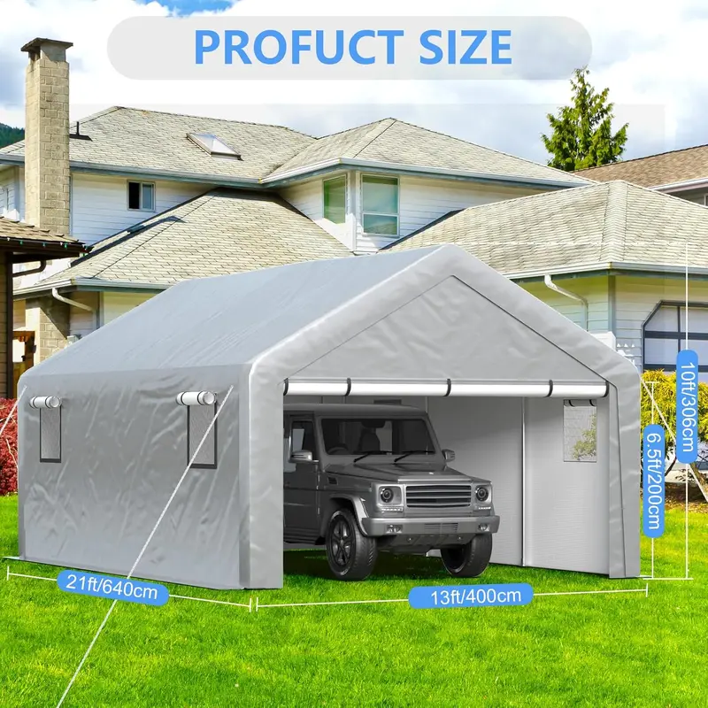 6×8 ft All-Season Portable Carport – Heavy-Duty Removable-Wall Garage Tent with Door 2