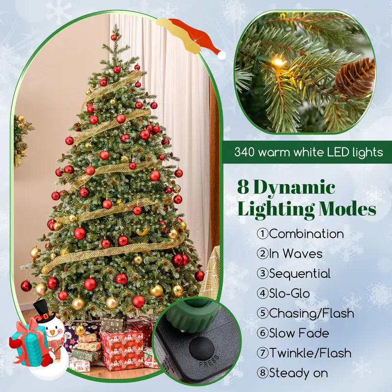 7-Foot Full-Profile Pre-Lit Artificial Christmas Tree – Hinged Pine Look with 340 Warm White LEDs