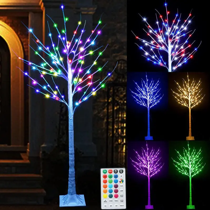 7-Foot Pre-Lit Birch-Style LED Christmas Tree – Color-Changing Lights with Remote Control