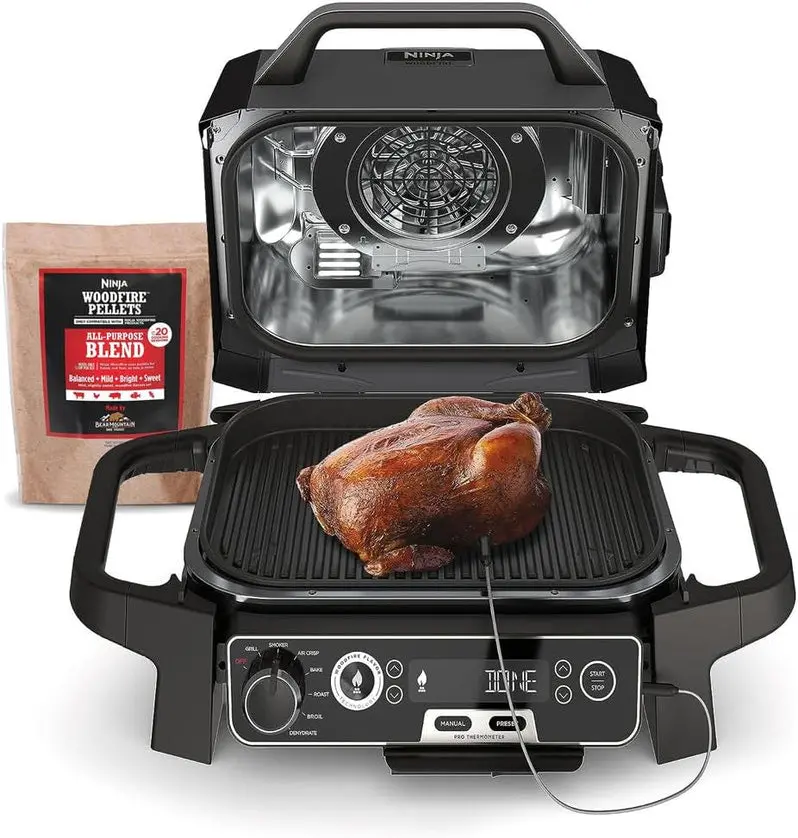 7-in-1 Electric Outdoor Grill & Smoker – All-in-One Appliance with Air Fryer, Bake, Dehydrate, Thermometer, and Pellet-Smoking Capabilities